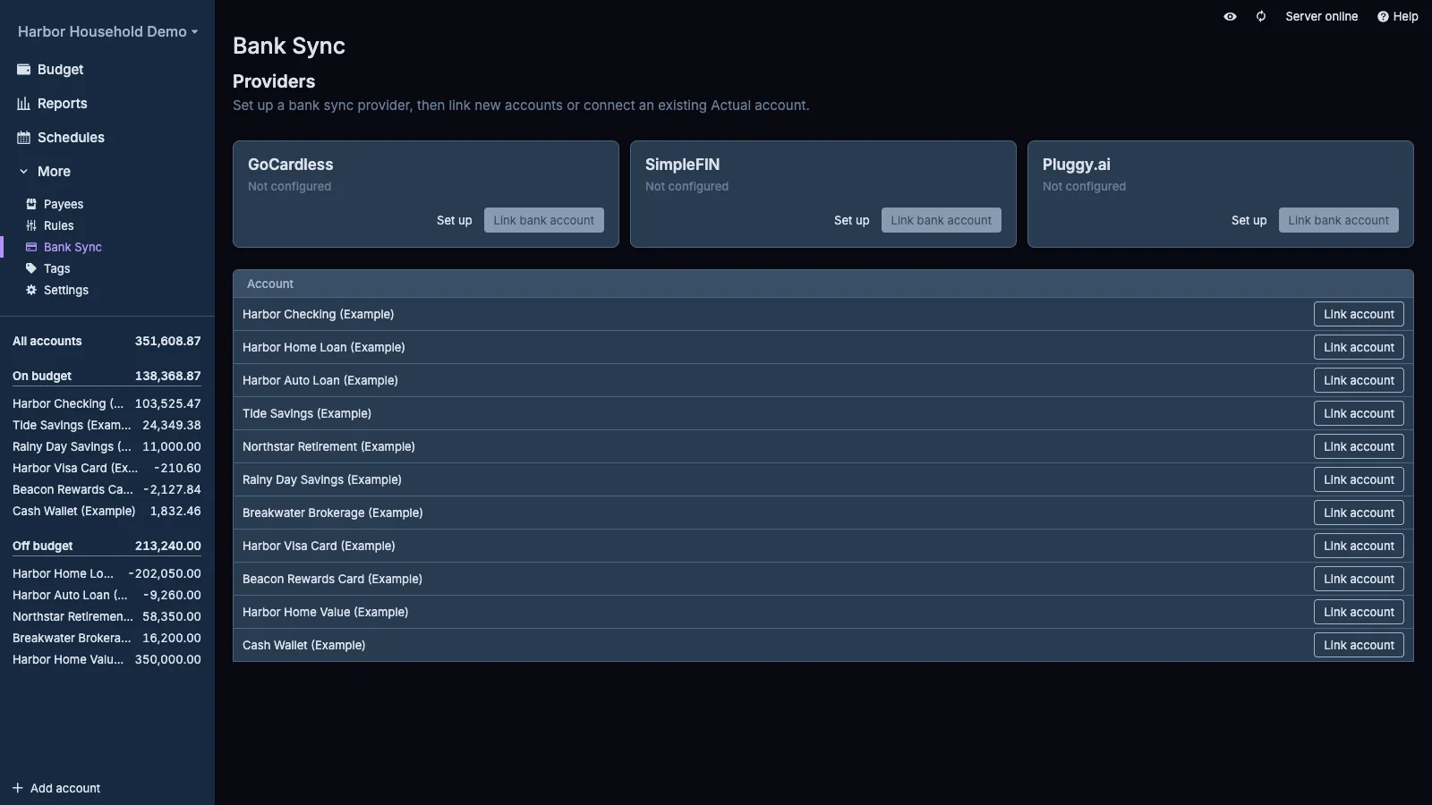 Managed Actual Budget Bank Sync Overview in dark theme