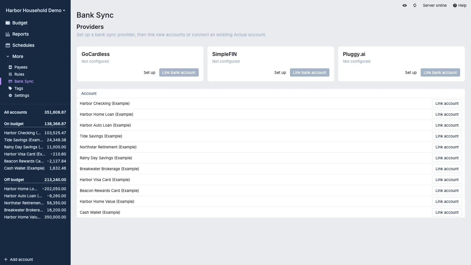 Managed Actual Budget Bank Sync Overview in light theme