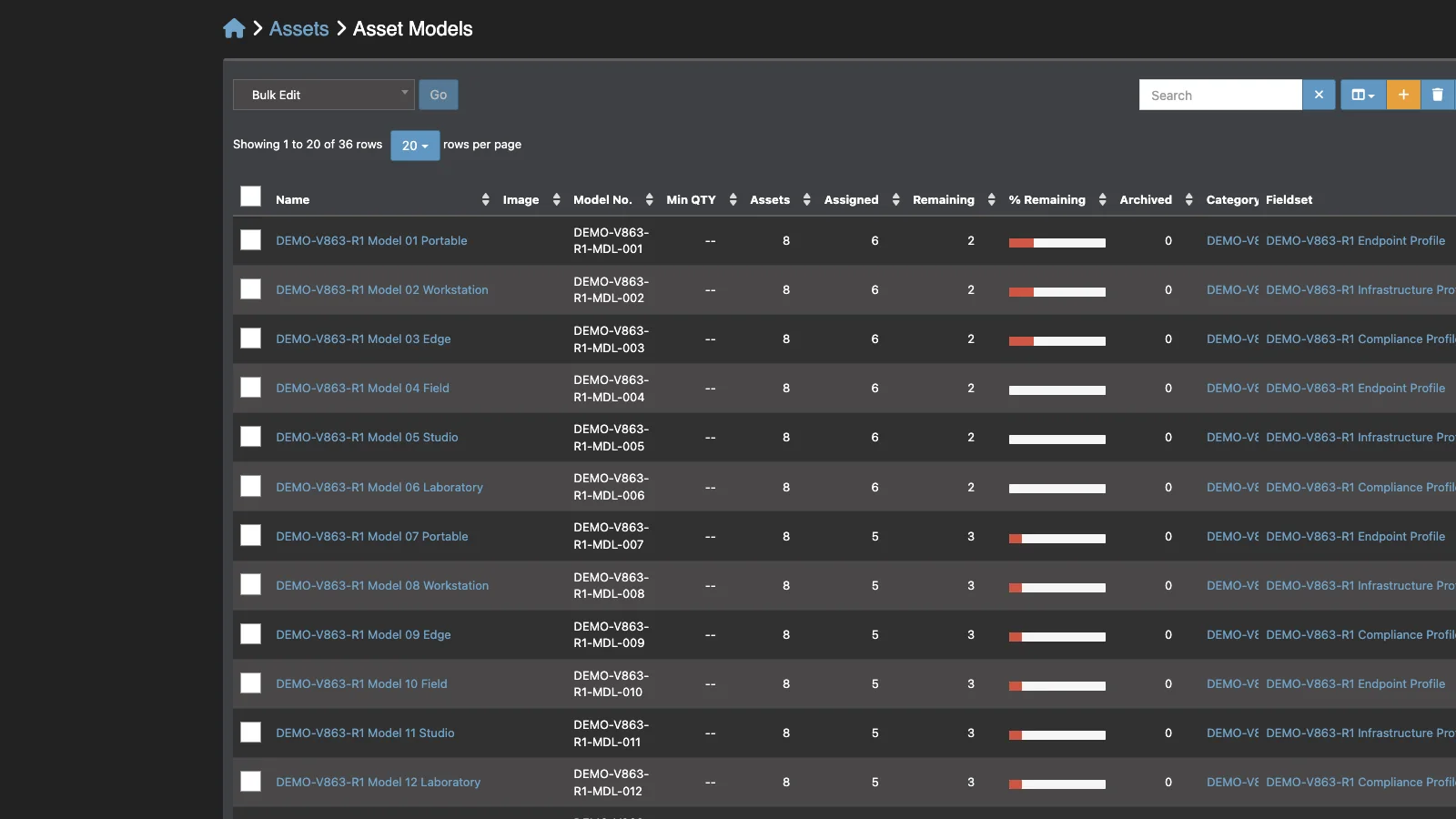 Managed Snipe-IT Asset Models in dark theme