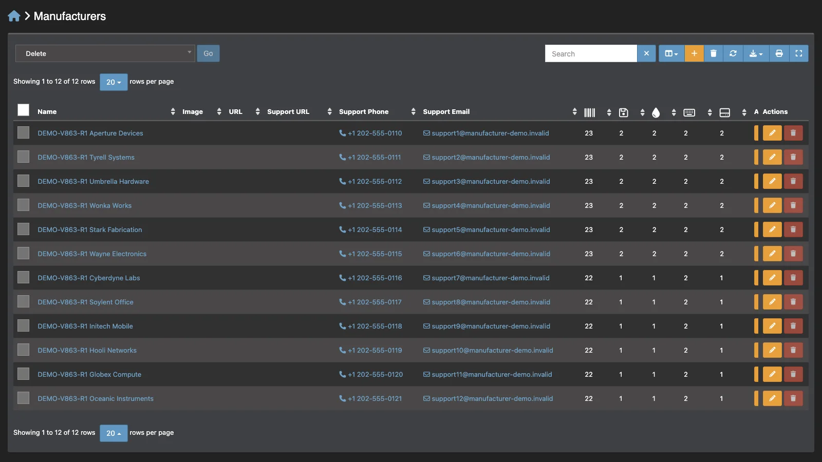 Managed Snipe-IT Manufacturers in dark theme