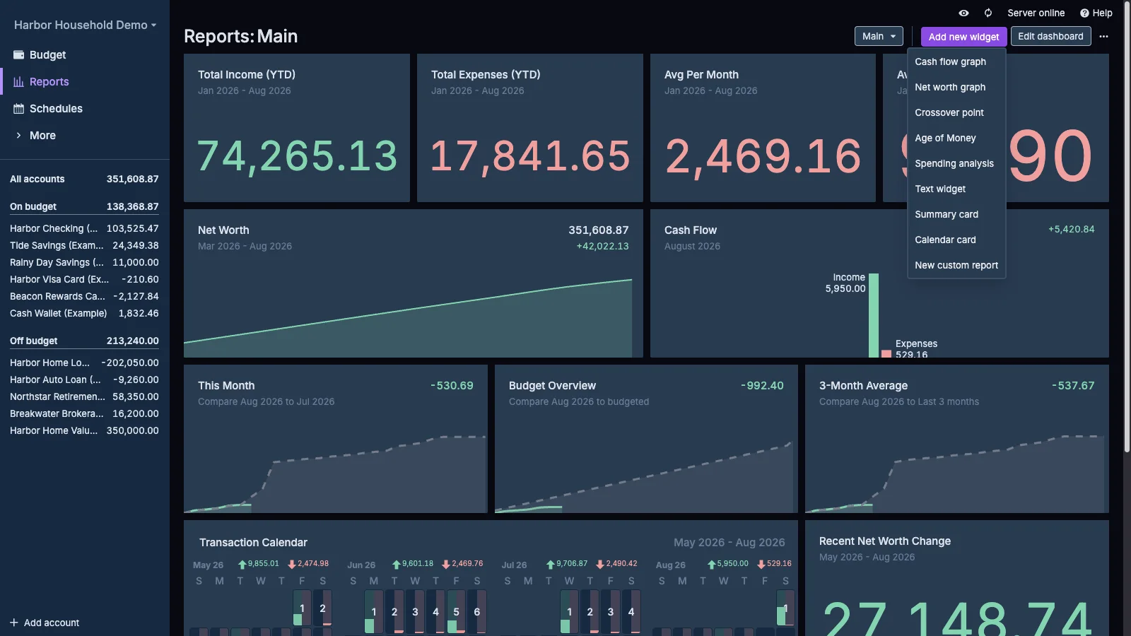 Managed Actual Budget Add Report Widget in dark theme