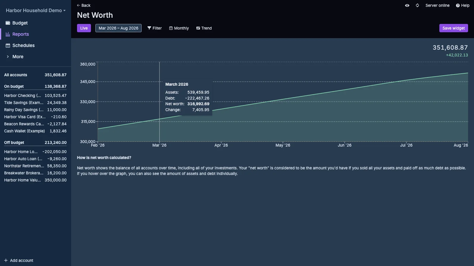 Managed Actual Budget Net Worth Report in dark theme