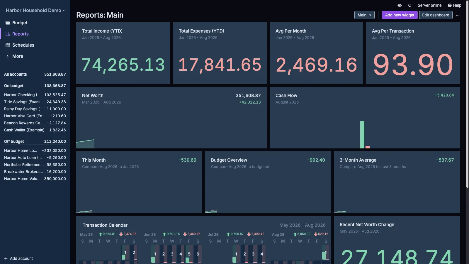 Managed Actual Budget Transaction Calendar Report in dark theme