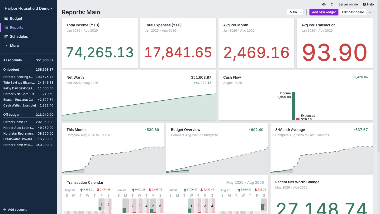 Managed Actual Budget Transaction Calendar Report in light theme
