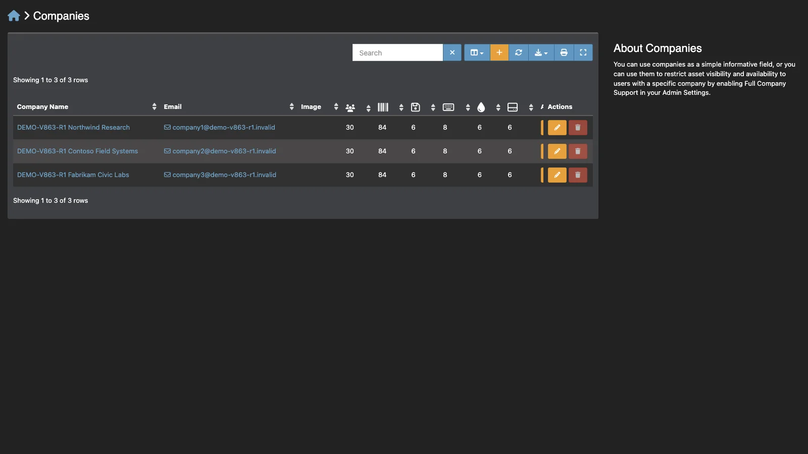 Managed Snipe-IT Companies in dark theme