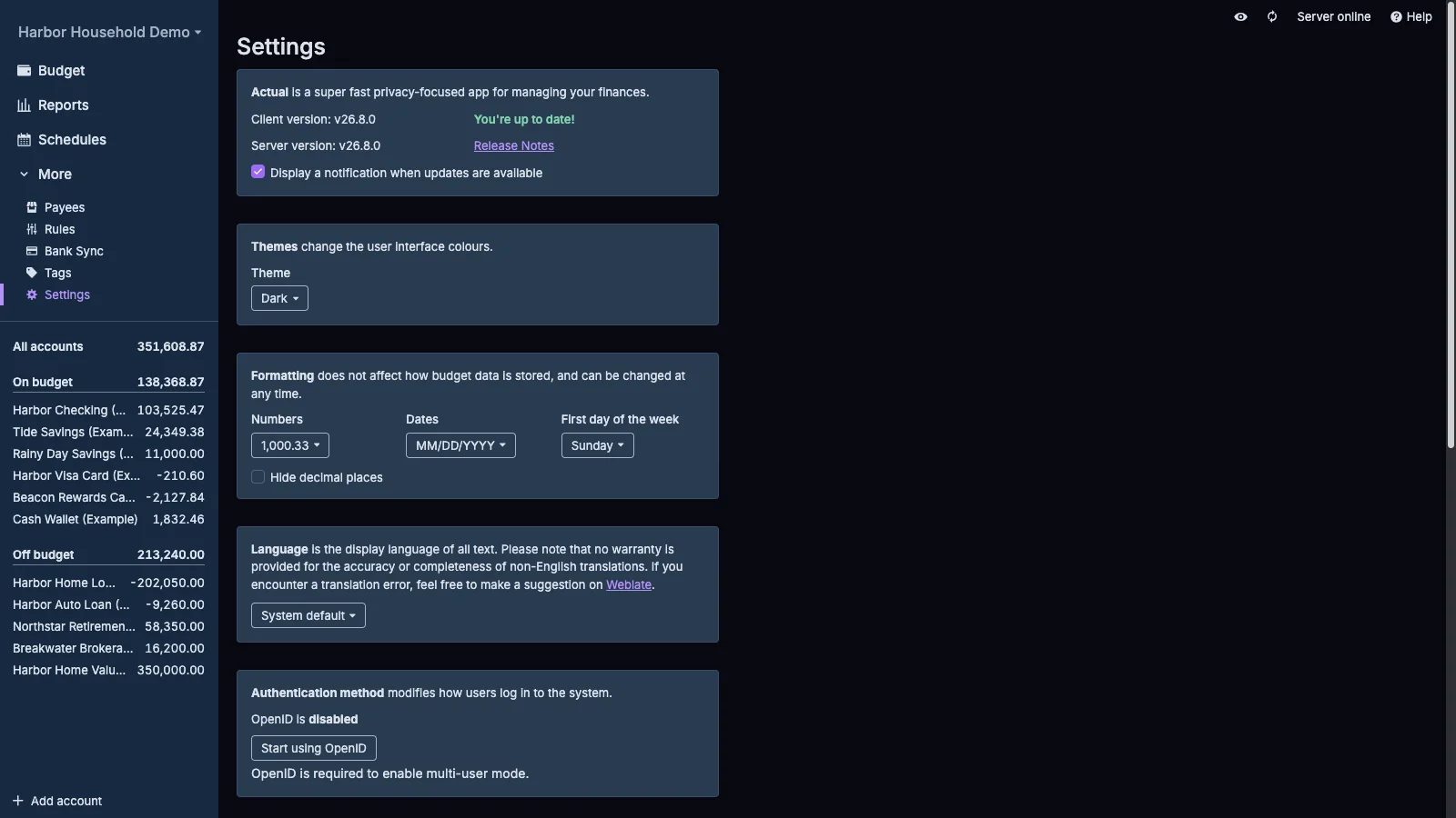 Managed Actual Budget Appearance and Formatting Settings in dark theme