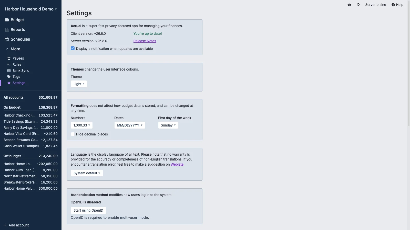 Managed Actual Budget Appearance and Formatting Settings in light theme