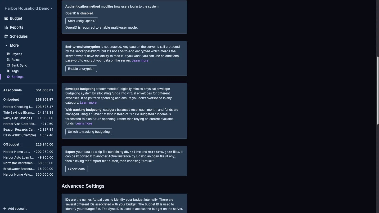 Managed Actual Budget Advanced Settings in dark theme