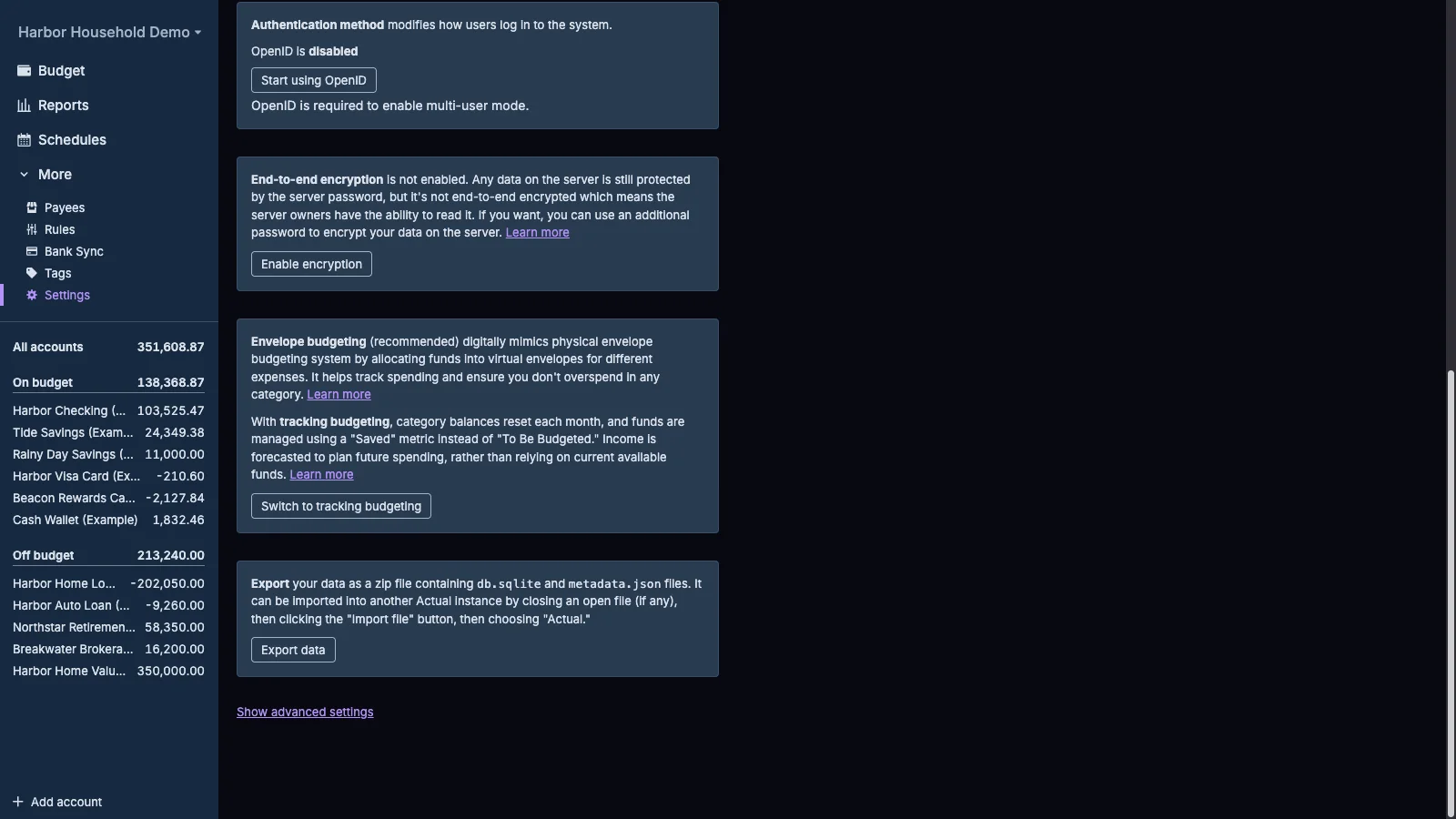 Managed Actual Budget Export and Encryption Settings in dark theme