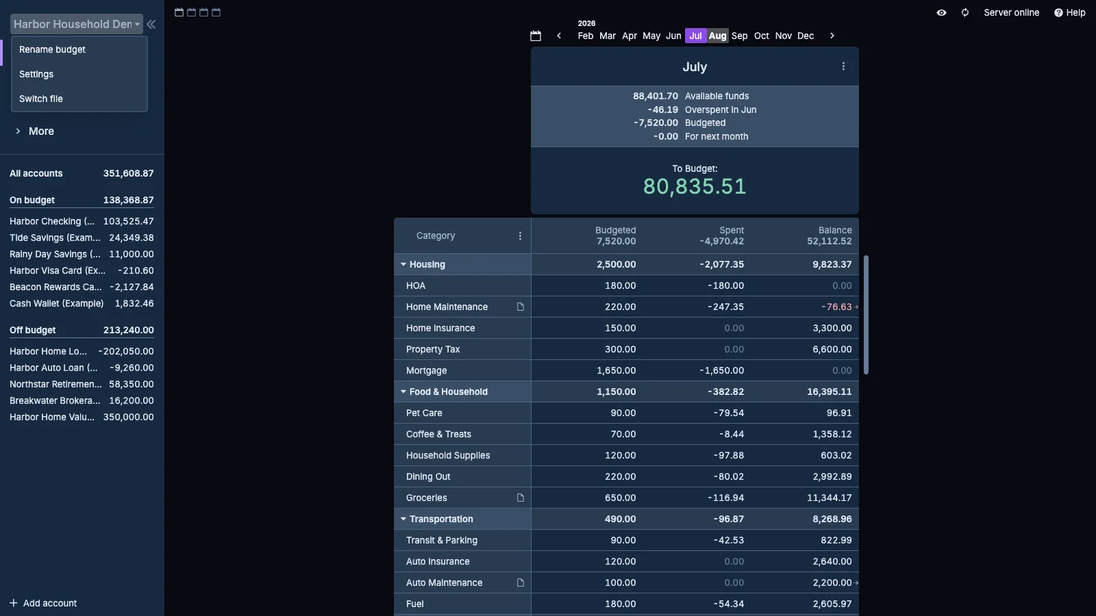 Managed Actual Budget Budget File Menu in dark theme