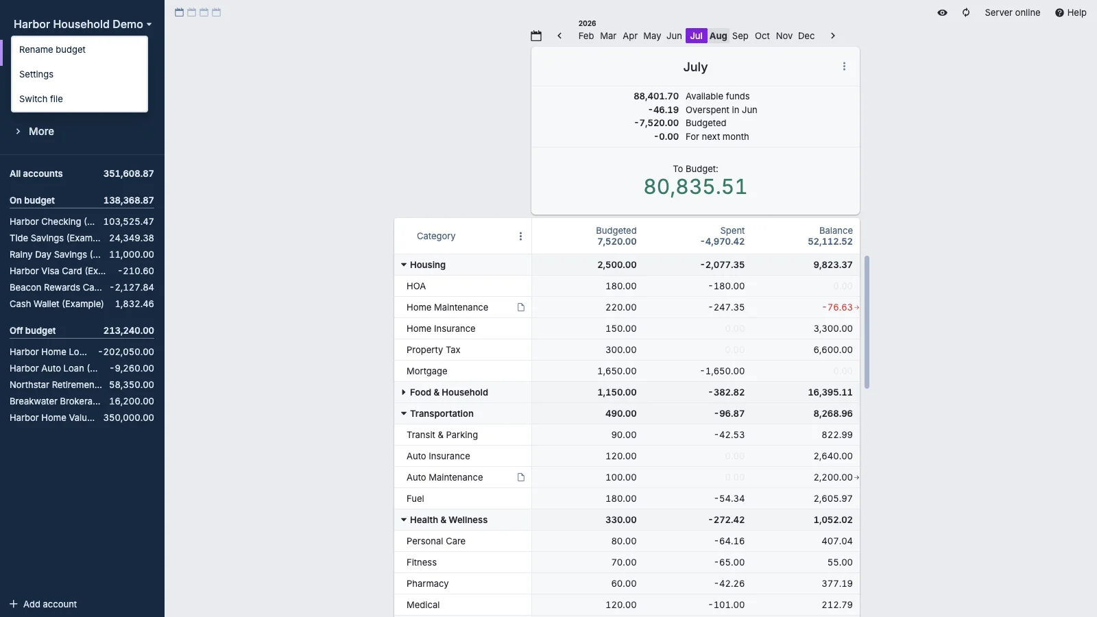 Managed Actual Budget Budget File Menu in light theme