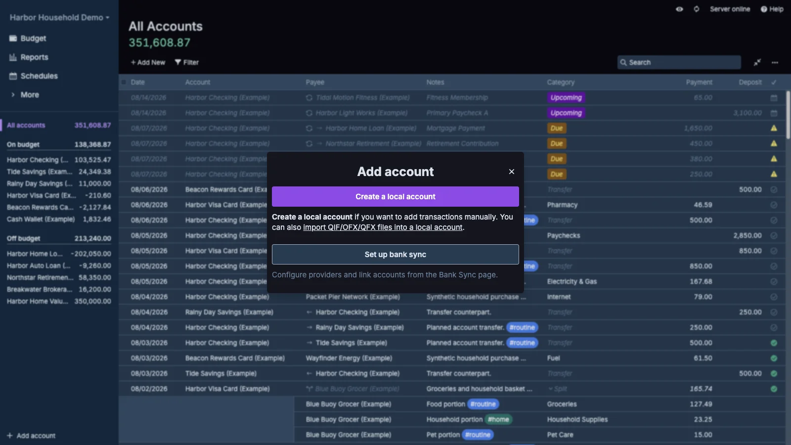 Managed Actual Budget Add Account Dialog in dark theme