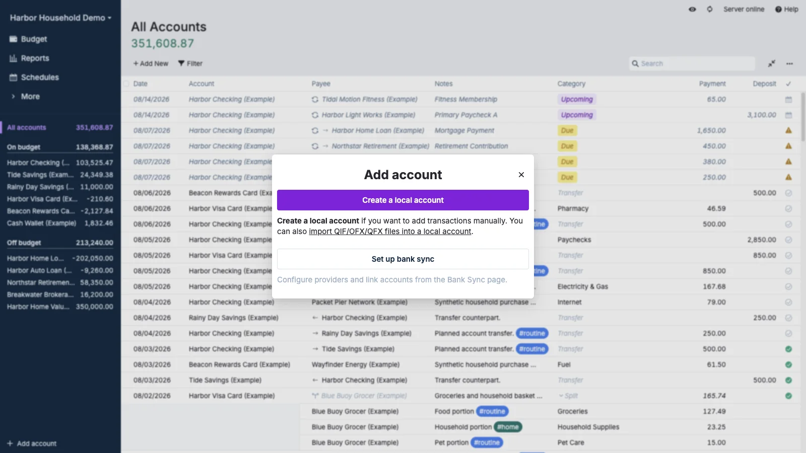 Managed Actual Budget Add Account Dialog in light theme