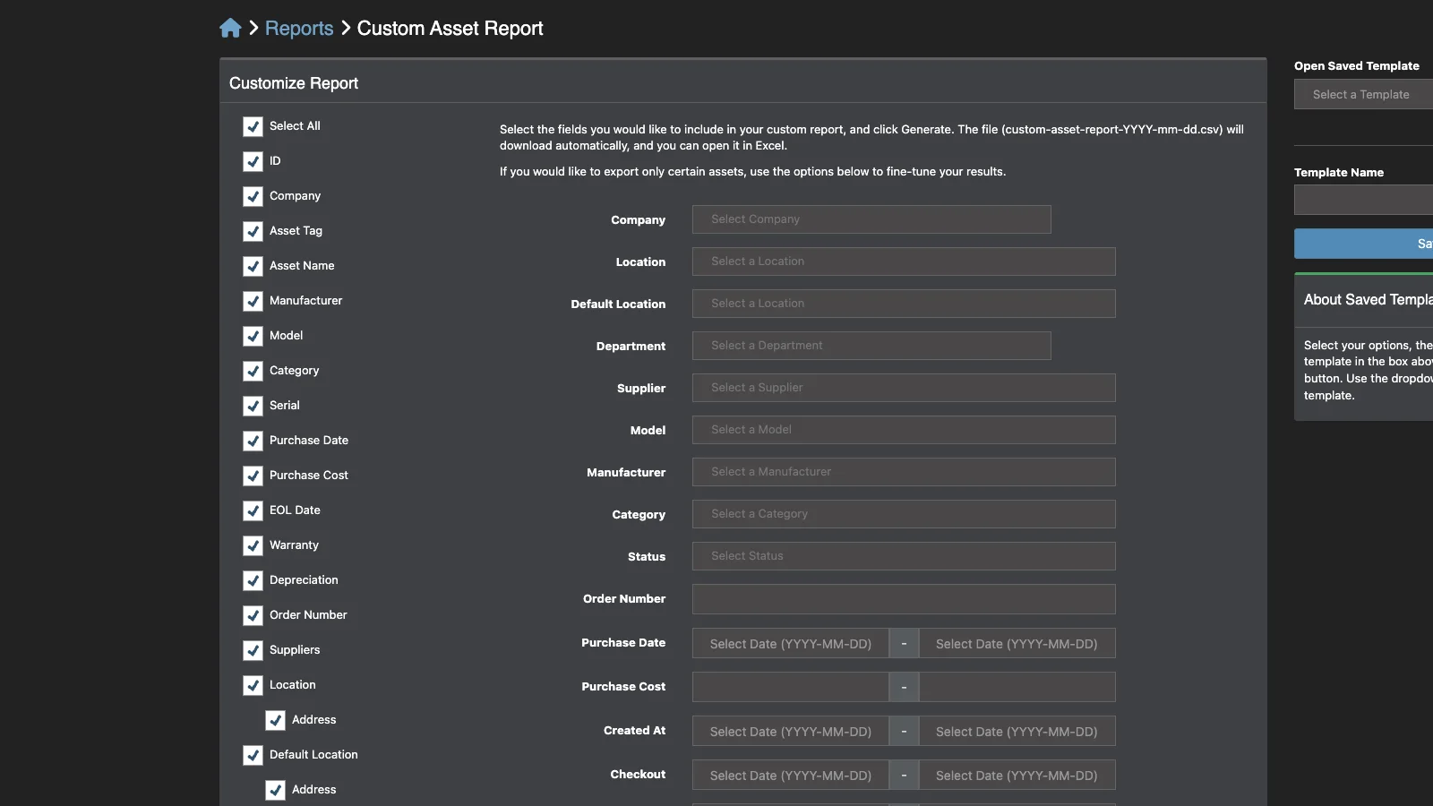 Managed Snipe-IT Custom Asset Report in dark theme