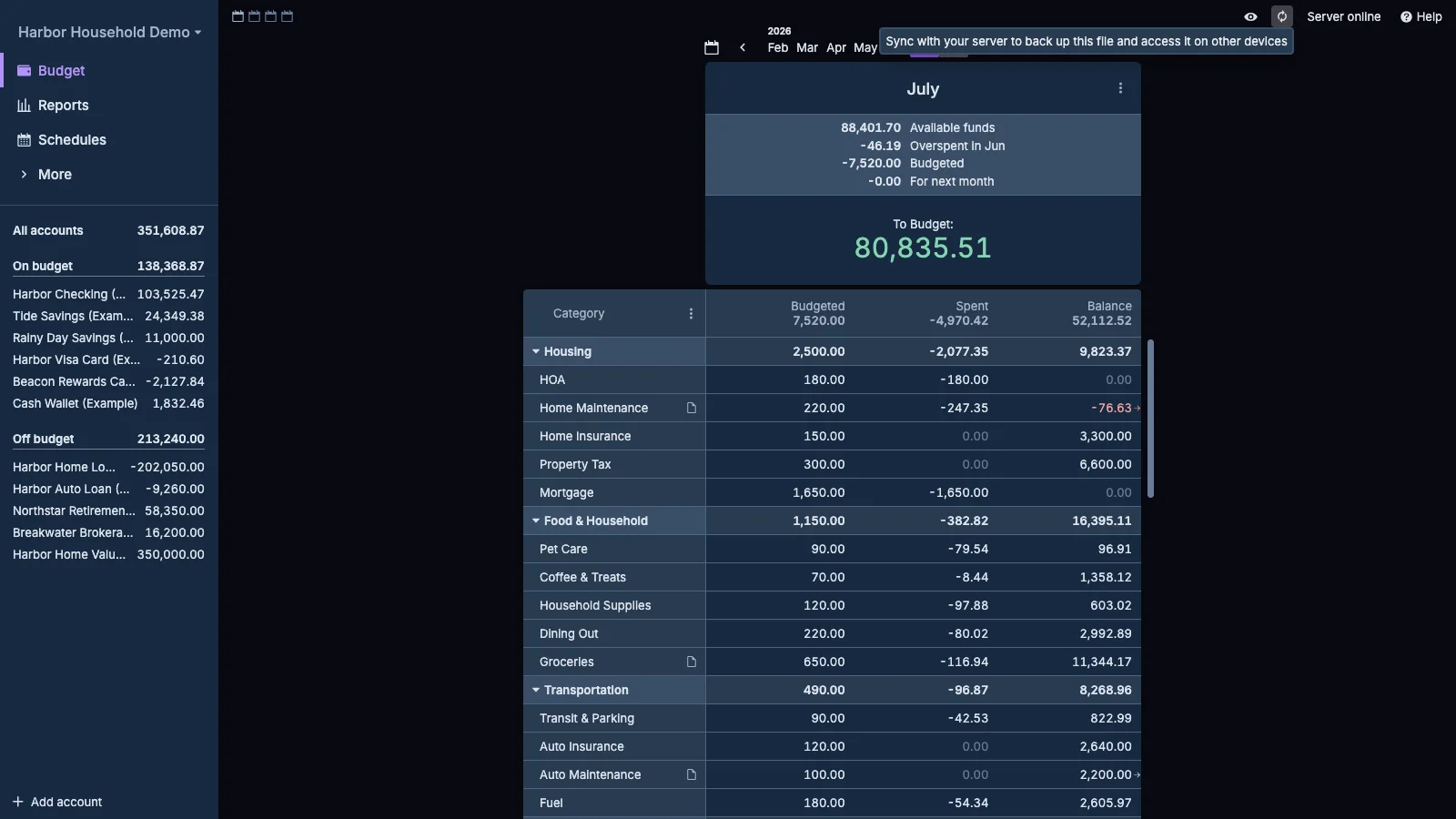 Managed Actual Budget Server Sync Status in dark theme