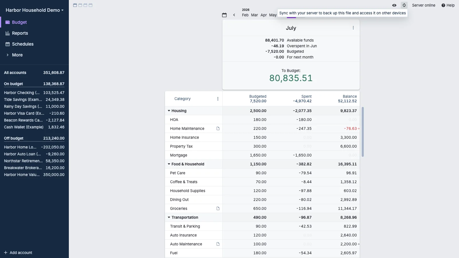 Managed Actual Budget Server Sync Status in light theme