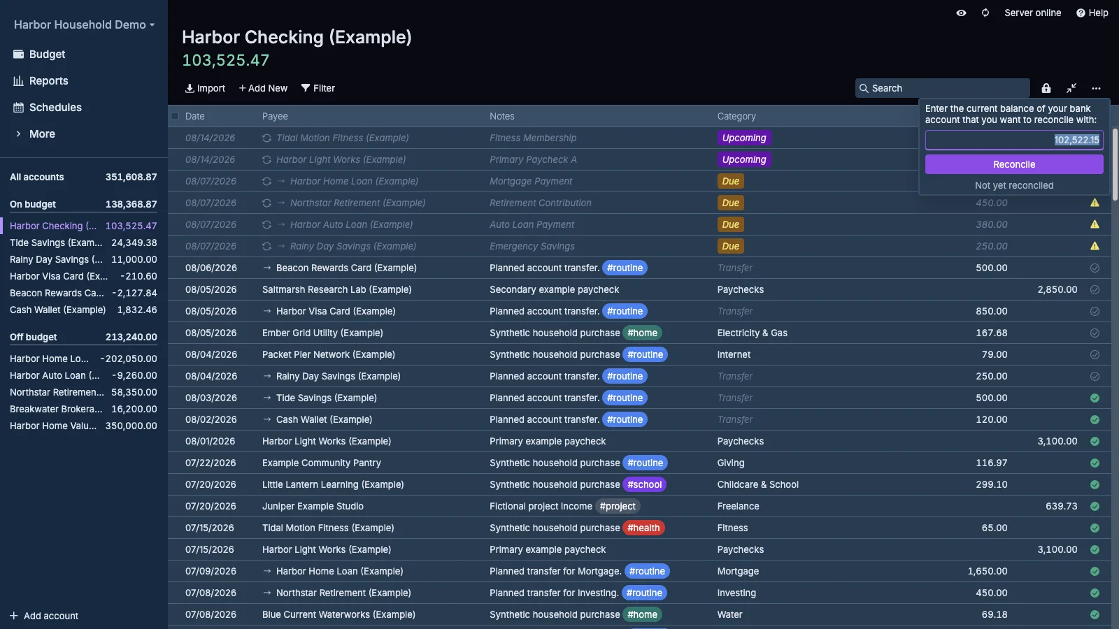 Managed Actual Budget Checking Reconciliation in dark theme