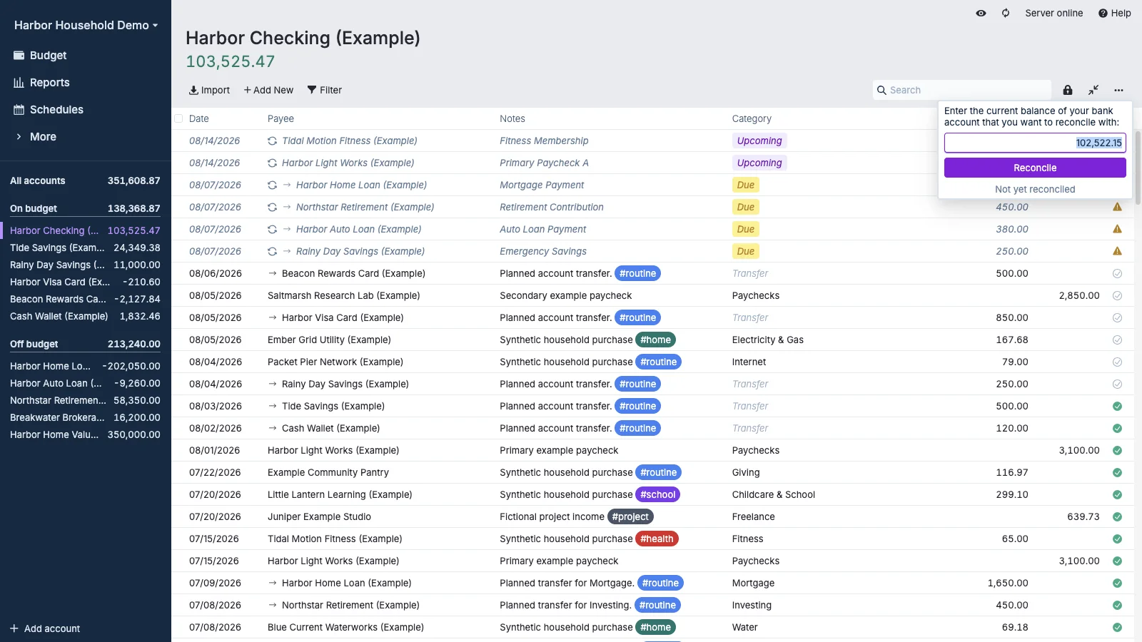 Managed Actual Budget Checking Reconciliation in light theme