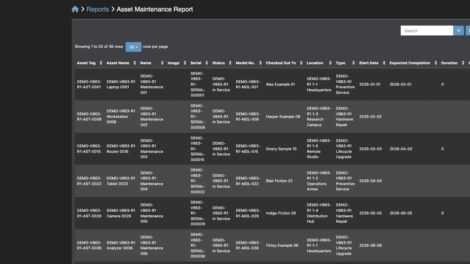 Managed Snipe-IT Asset Maintenance Report in dark theme