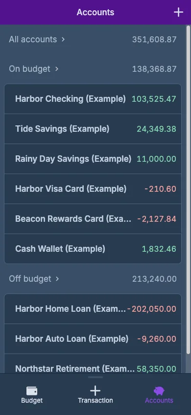 Managed Actual Budget Mobile Accounts in dark theme