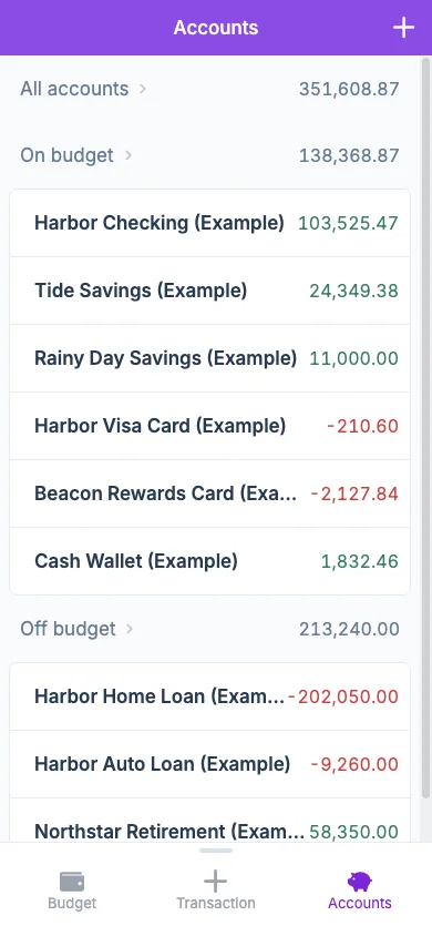Managed Actual Budget Mobile Accounts in light theme