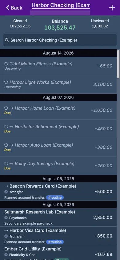 Managed Actual Budget Mobile Checking Register in dark theme