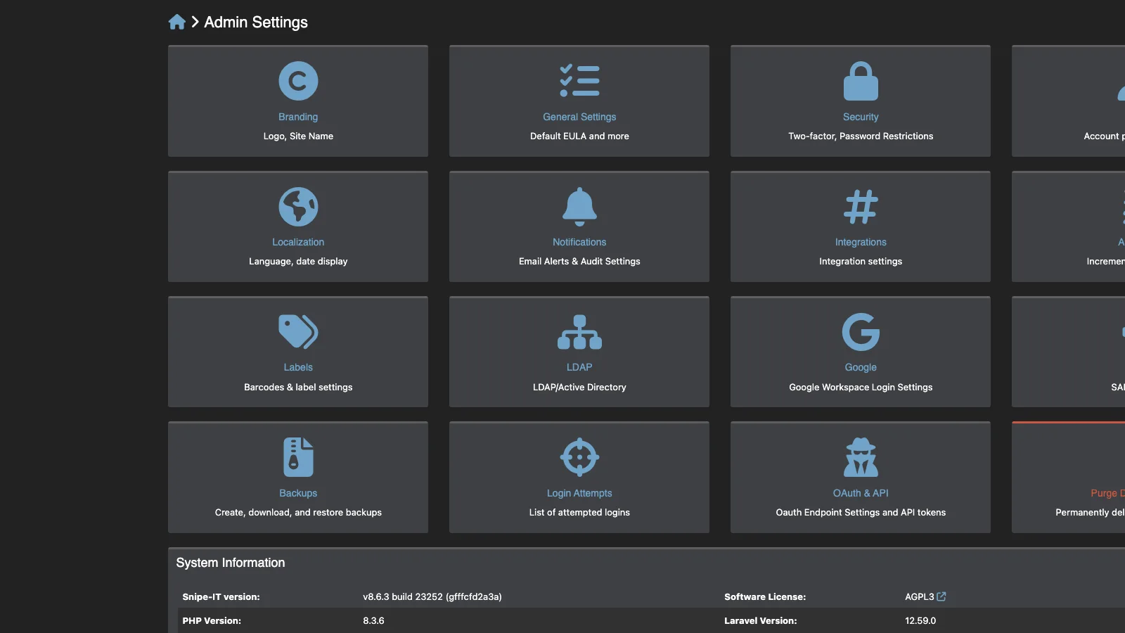 Managed Snipe-IT Admin Settings Hub in dark theme