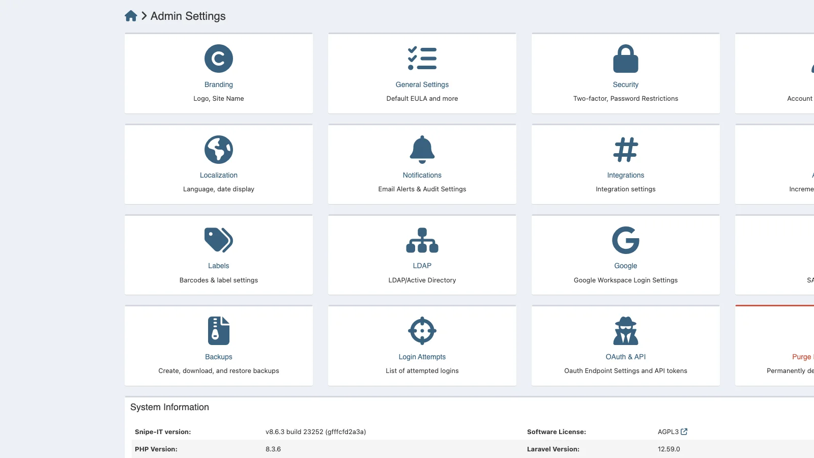 Managed Snipe-IT Admin Settings Hub in light theme