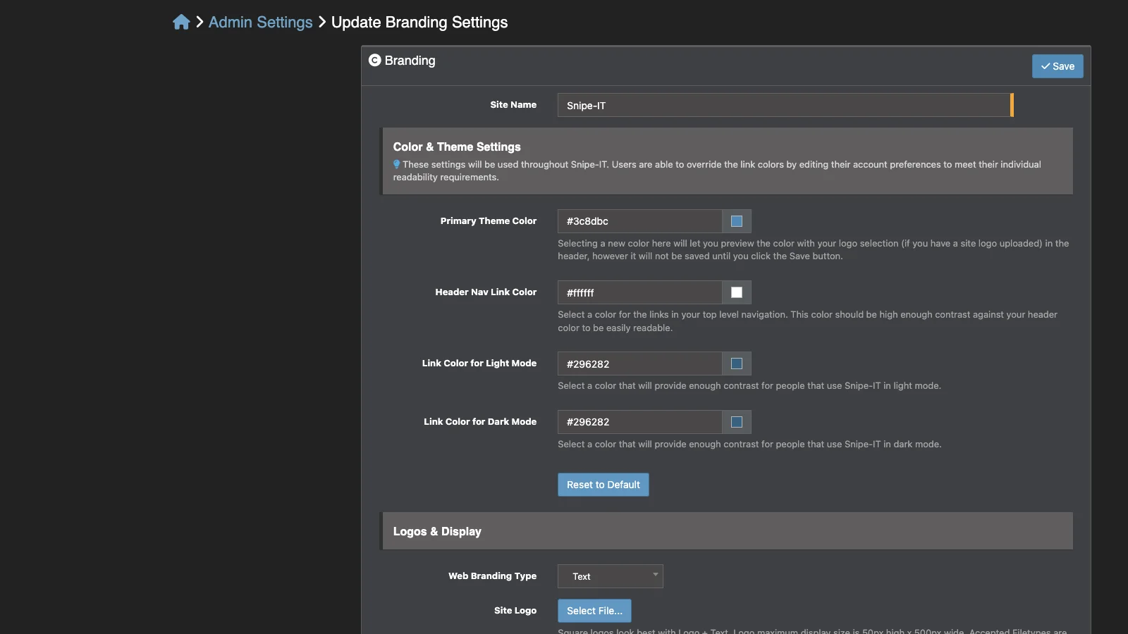 Managed Snipe-IT Branding Settings in dark theme