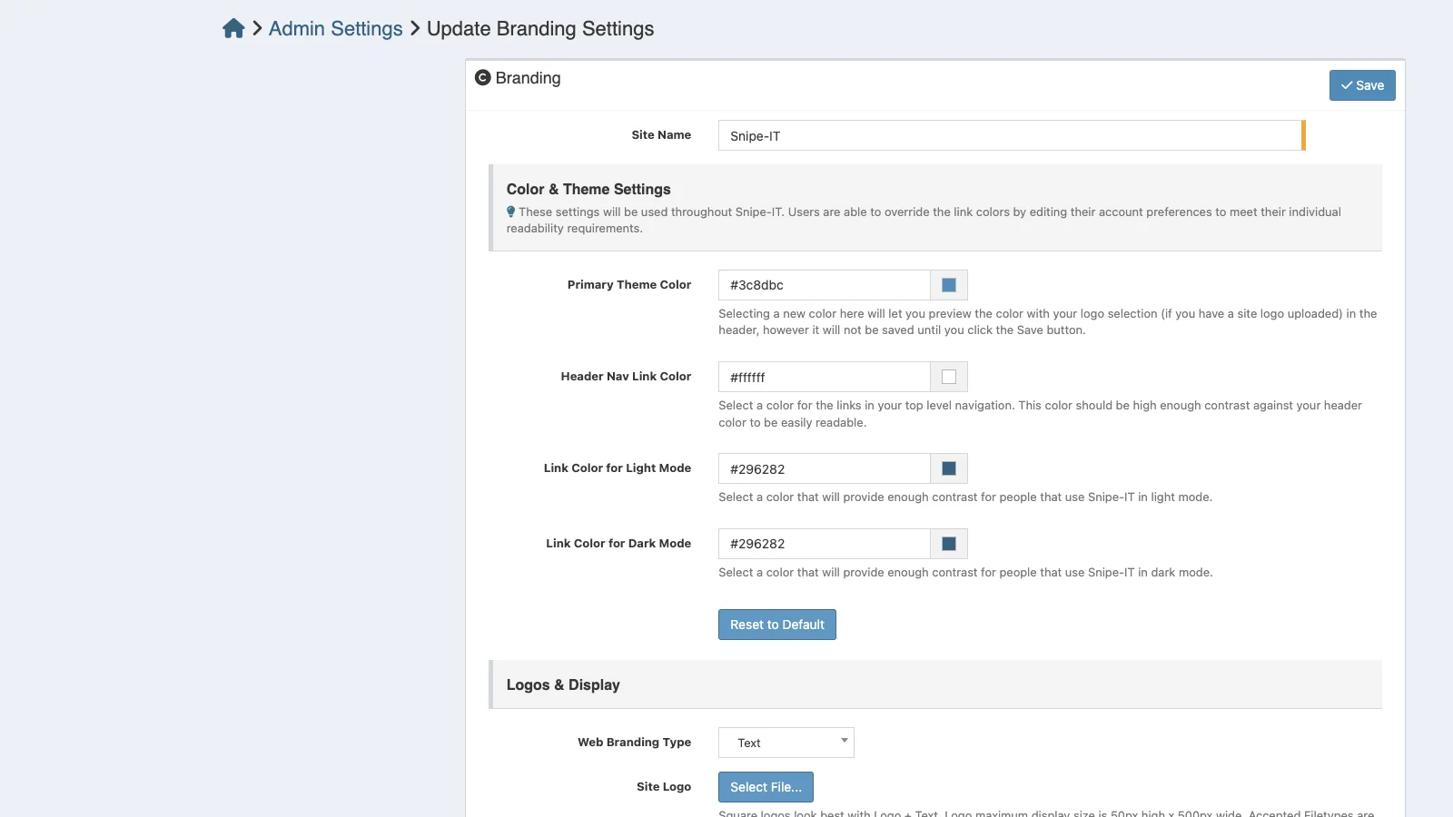 Managed Snipe-IT Branding Settings in light theme