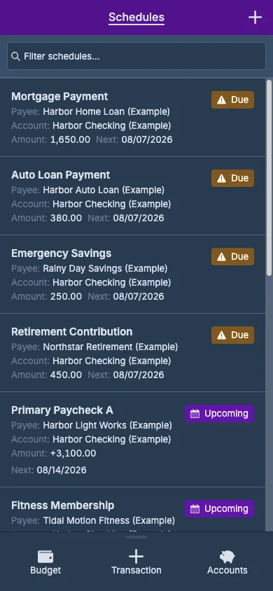 Managed Actual Budget Mobile Schedules in dark theme
