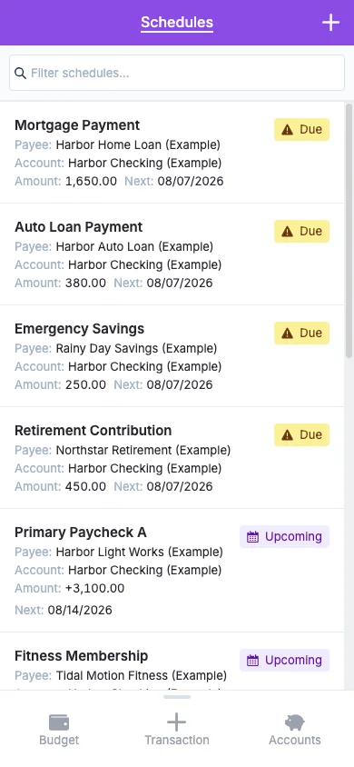 Managed Actual Budget Mobile Schedules in light theme