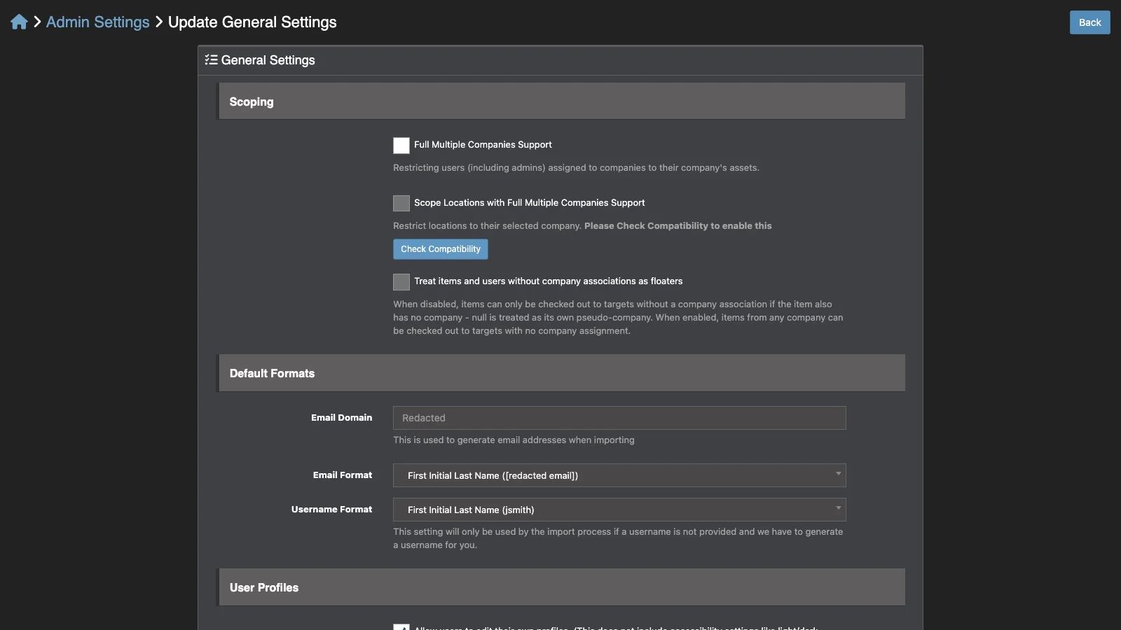 Managed Snipe-IT General Settings in dark theme
