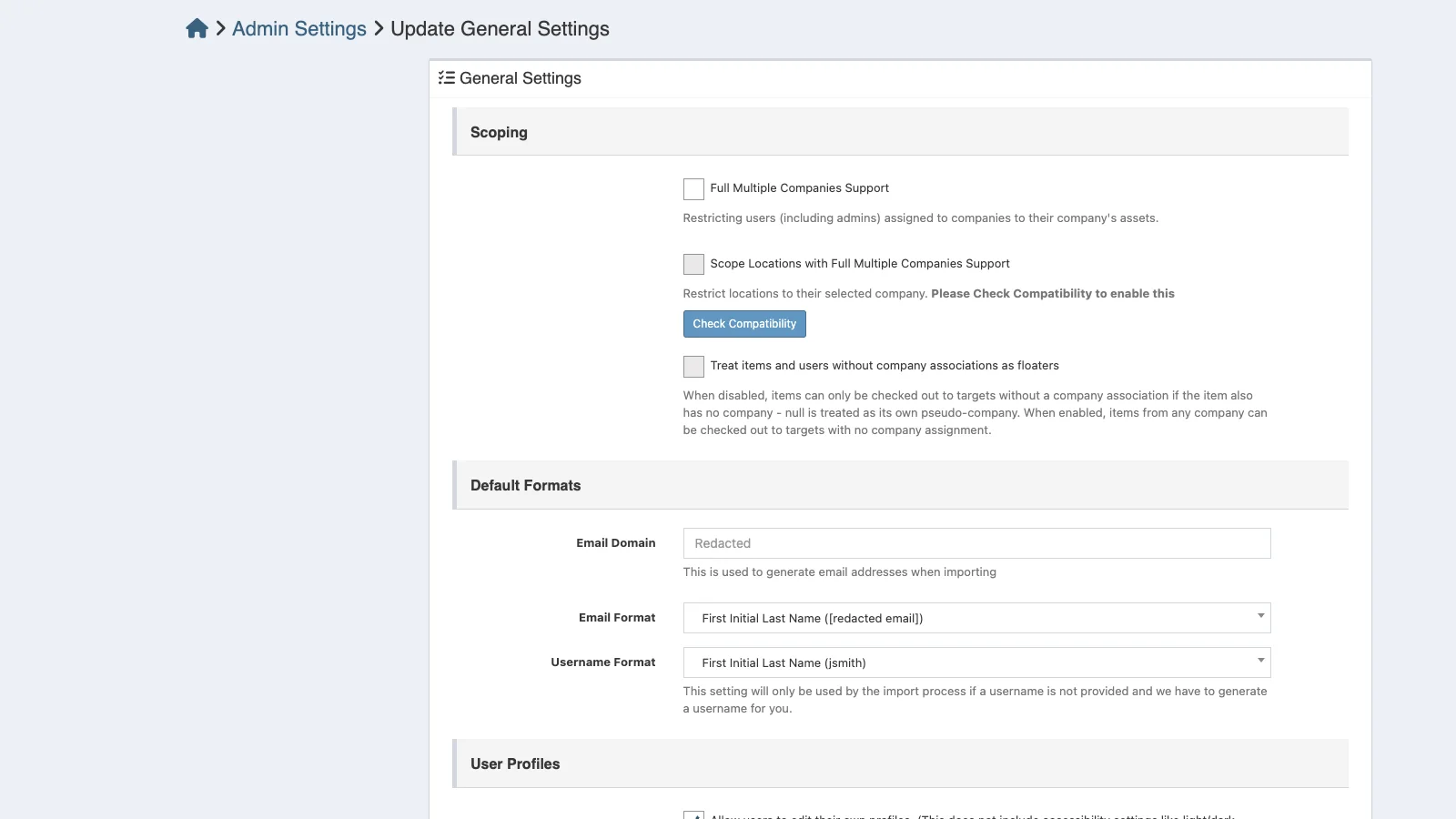 Managed Snipe-IT General Settings in light theme