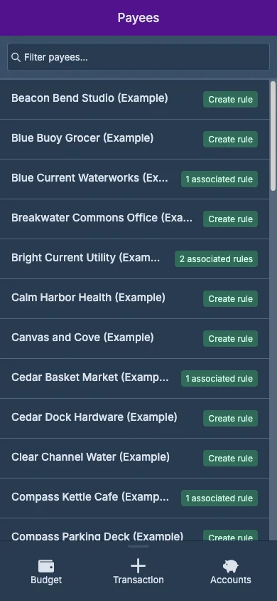 Managed Actual Budget Mobile Payees in dark theme