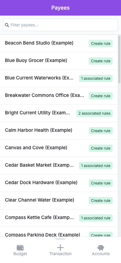 Managed Actual Budget Mobile Payees in light theme