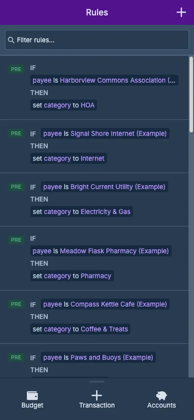 Managed Actual Budget Mobile Rules in dark theme