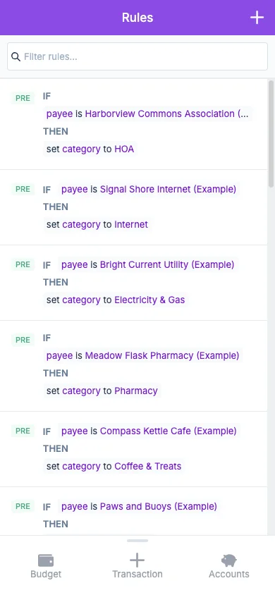 Managed Actual Budget Mobile Rules in light theme