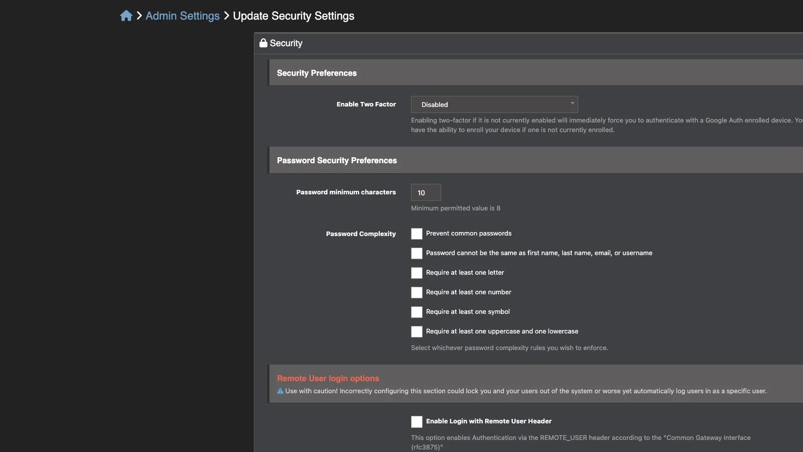 Managed Snipe-IT Security Settings in dark theme