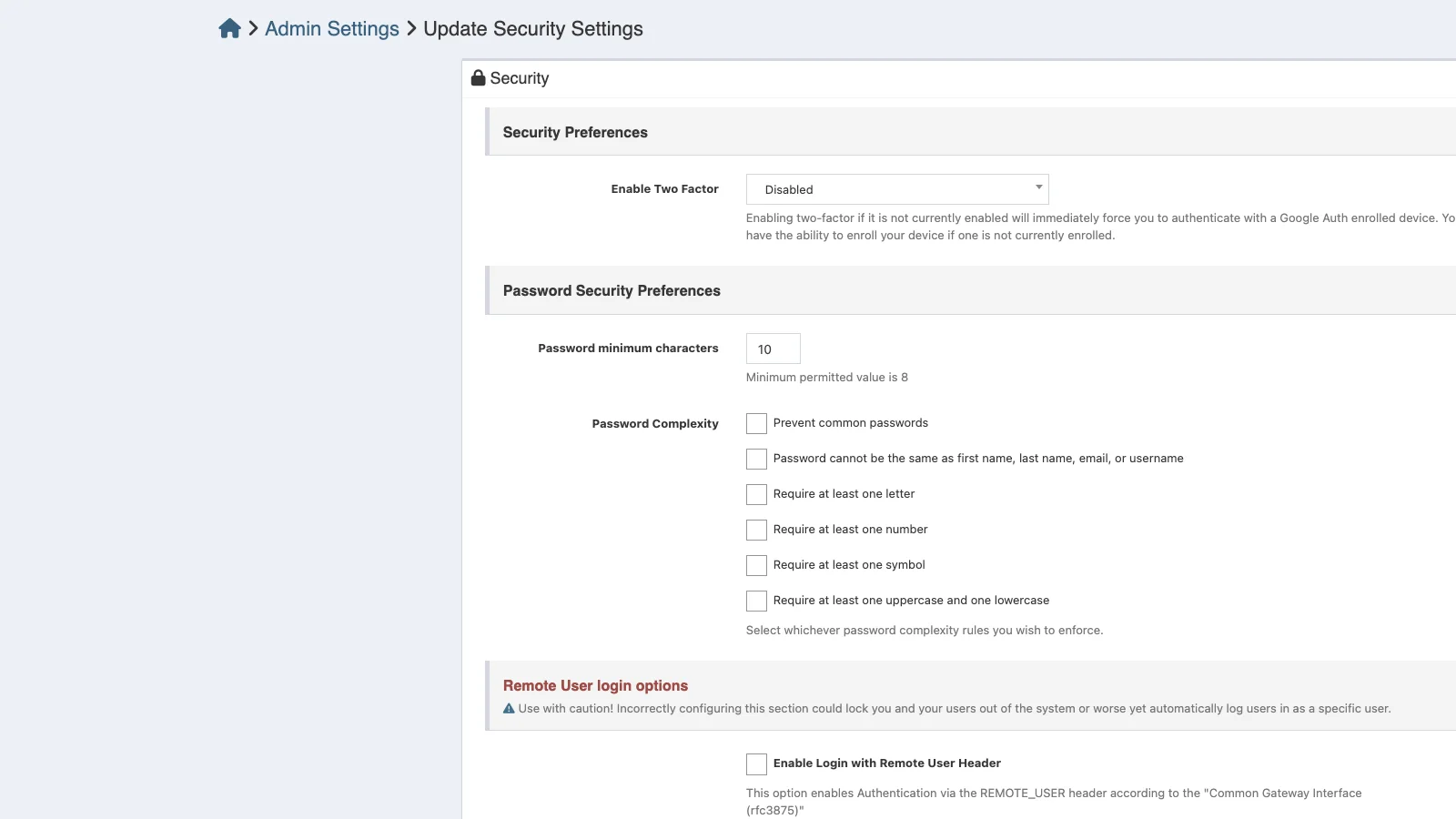 Managed Snipe-IT Security Settings in light theme