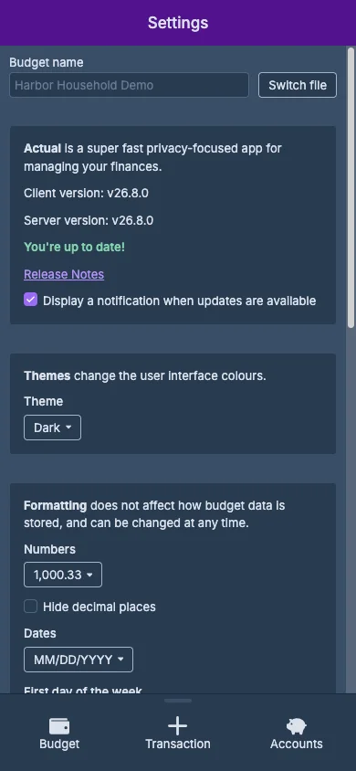 Managed Actual Budget Mobile Settings in dark theme