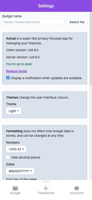 Managed Actual Budget Mobile Settings in light theme
