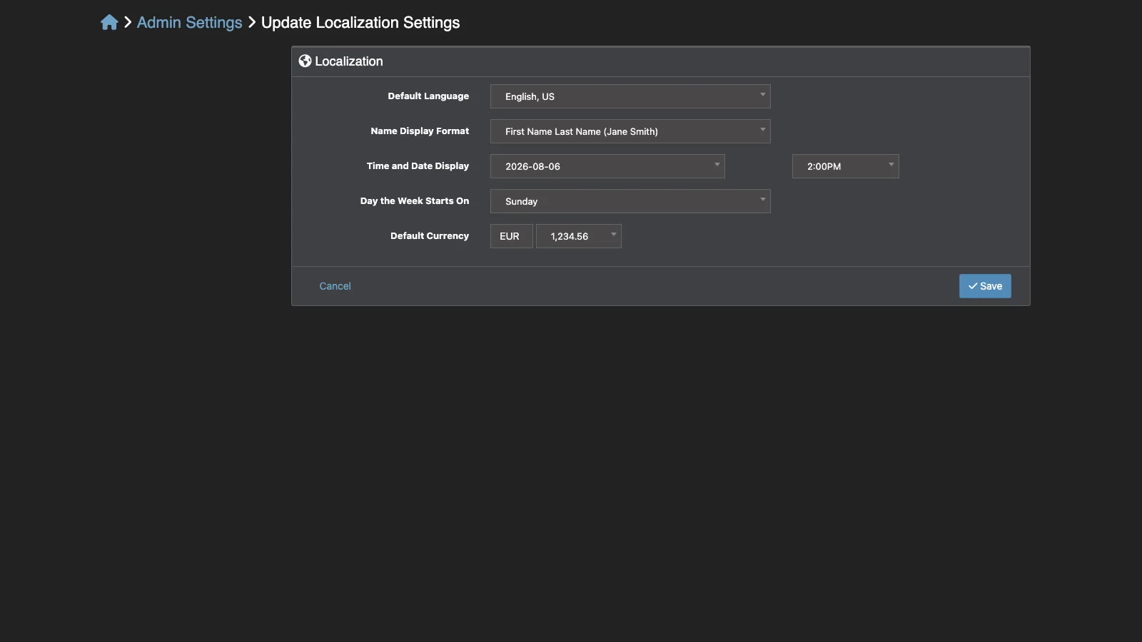 Managed Snipe-IT Localization Settings in dark theme