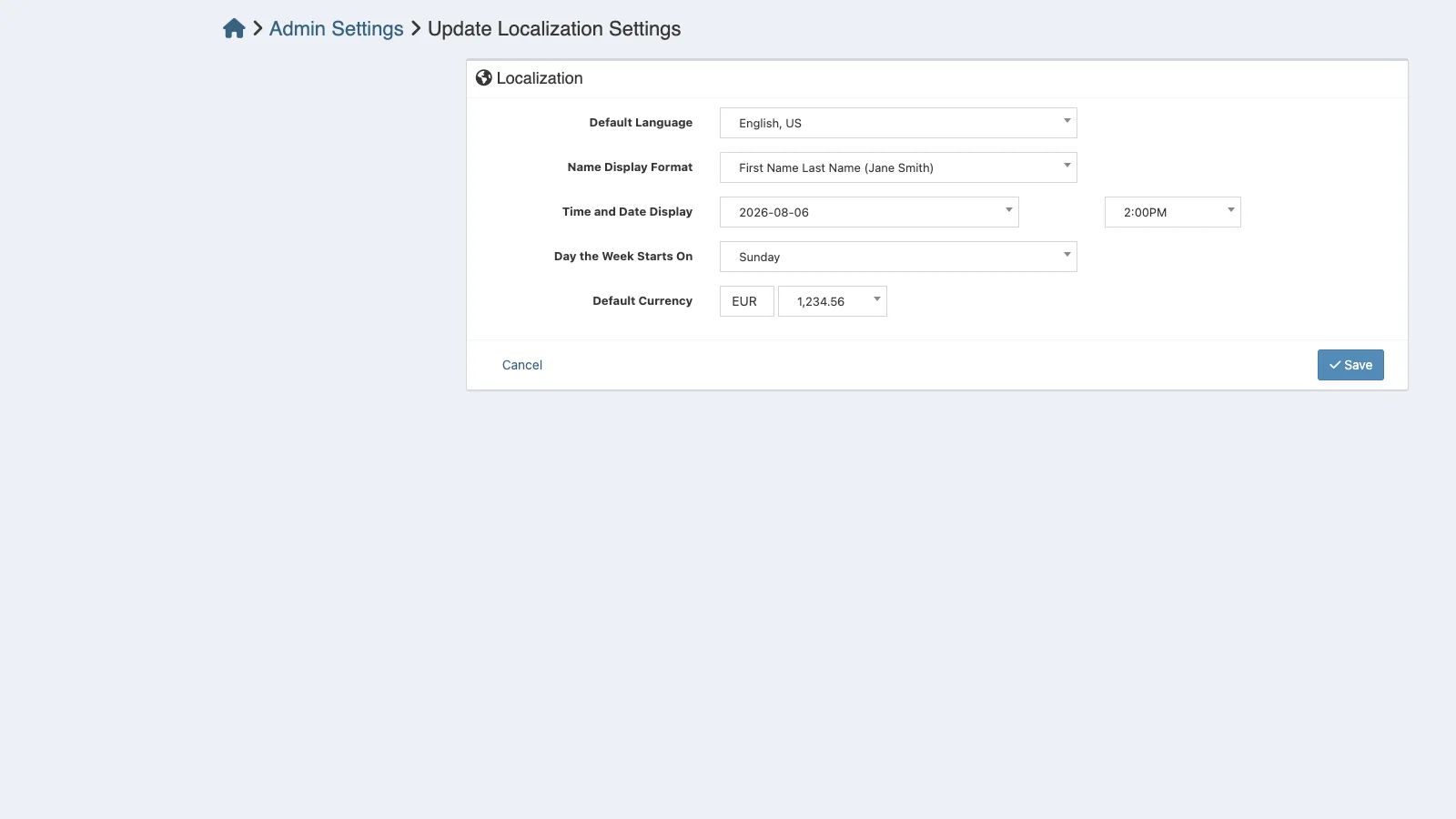Managed Snipe-IT Localization Settings in light theme