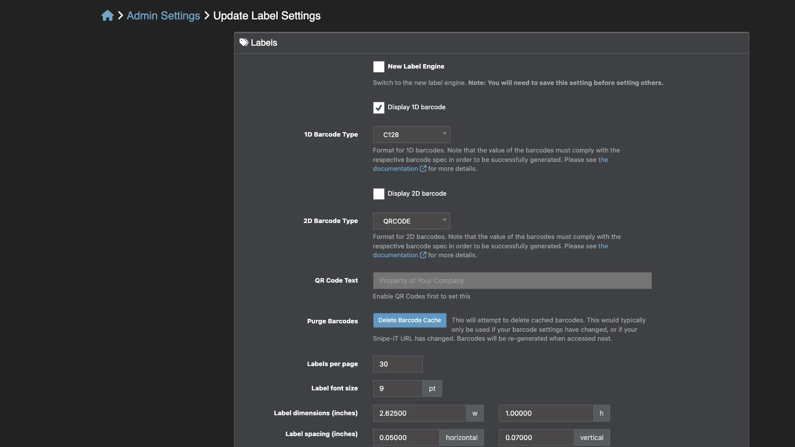 Managed Snipe-IT Label Settings in dark theme