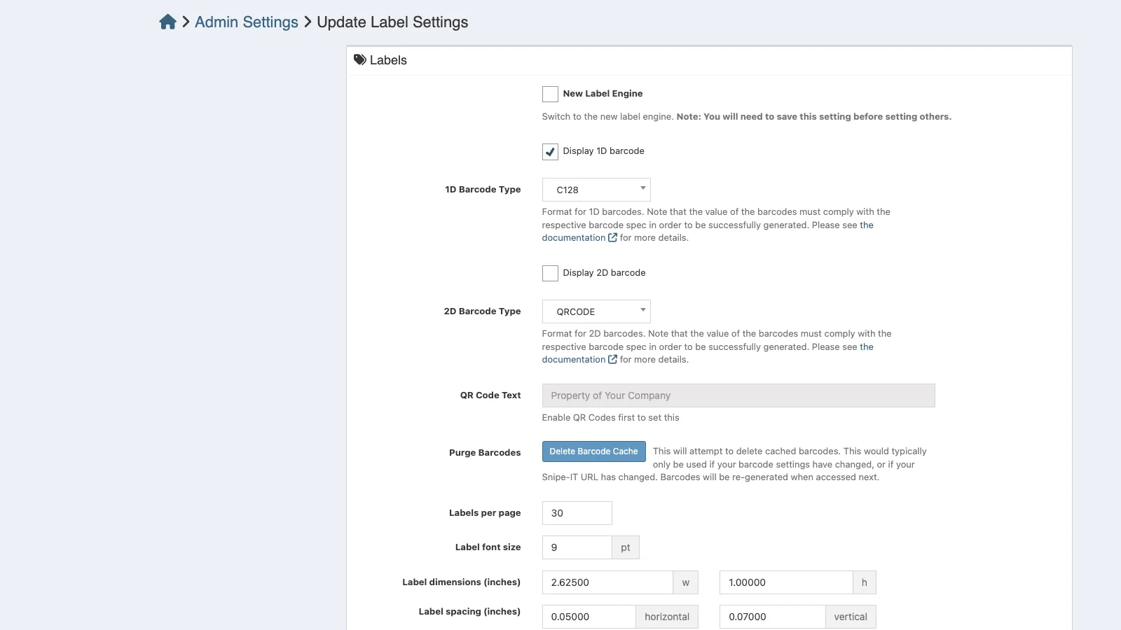 Managed Snipe-IT Label Settings in light theme