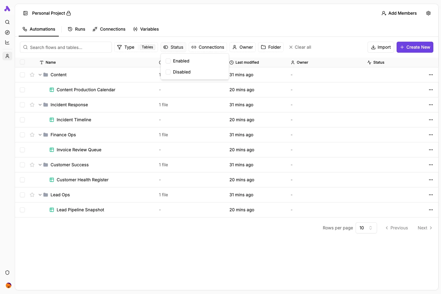Status filter menu