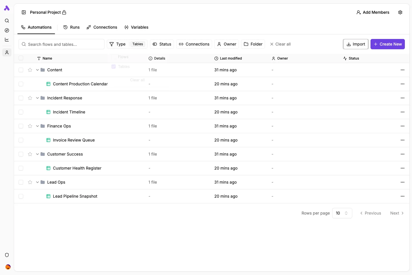 Type filter menu
