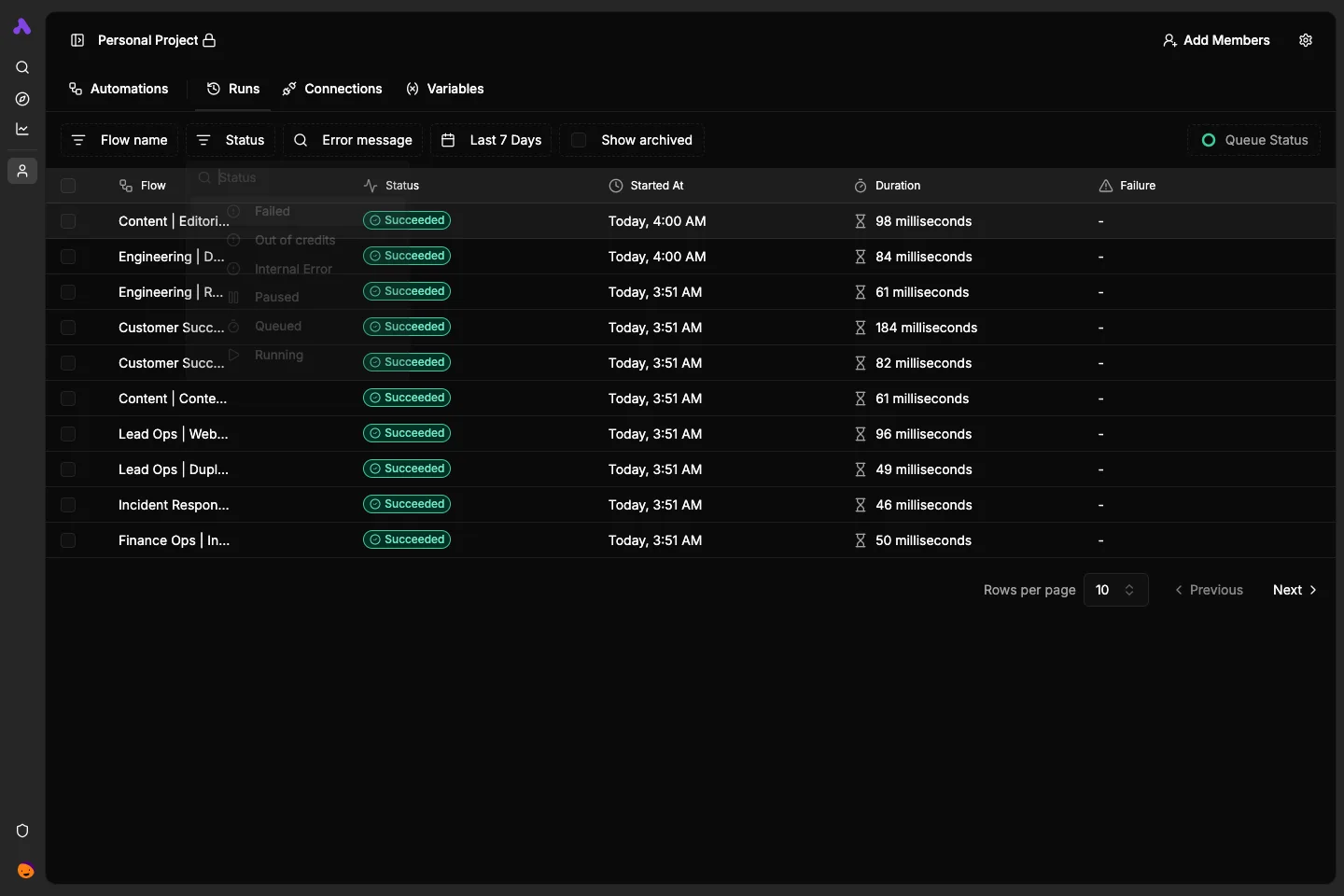 Dark run status filter