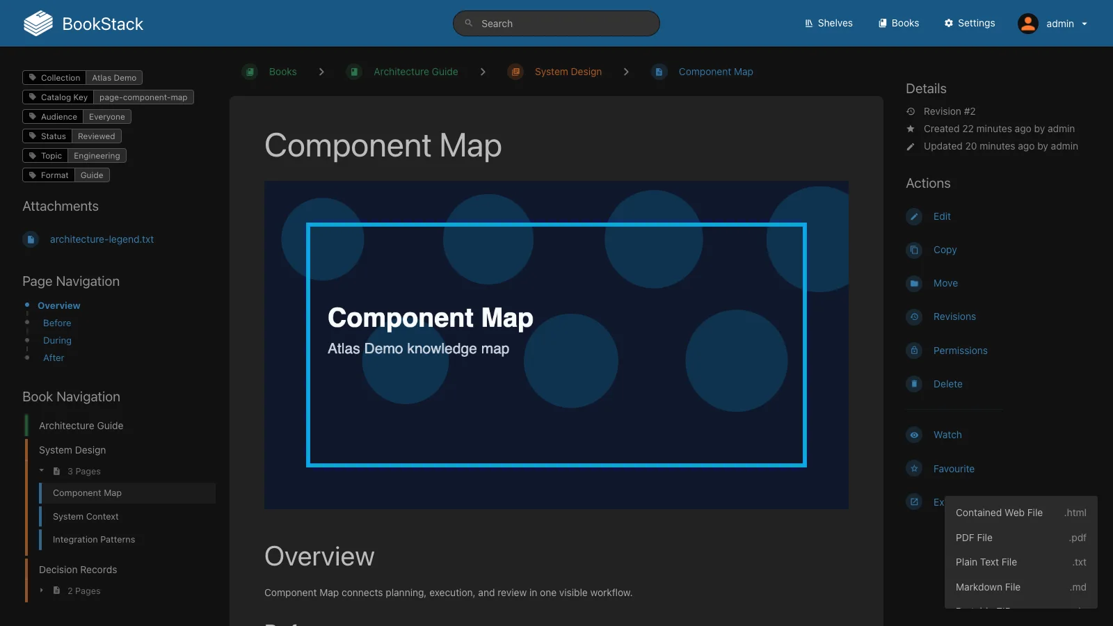 Page References and Export Menu (Dark)
